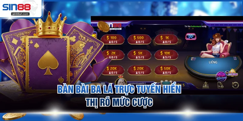 Bàn bài ba lá trực tuyến hiển thị rõ mức cược